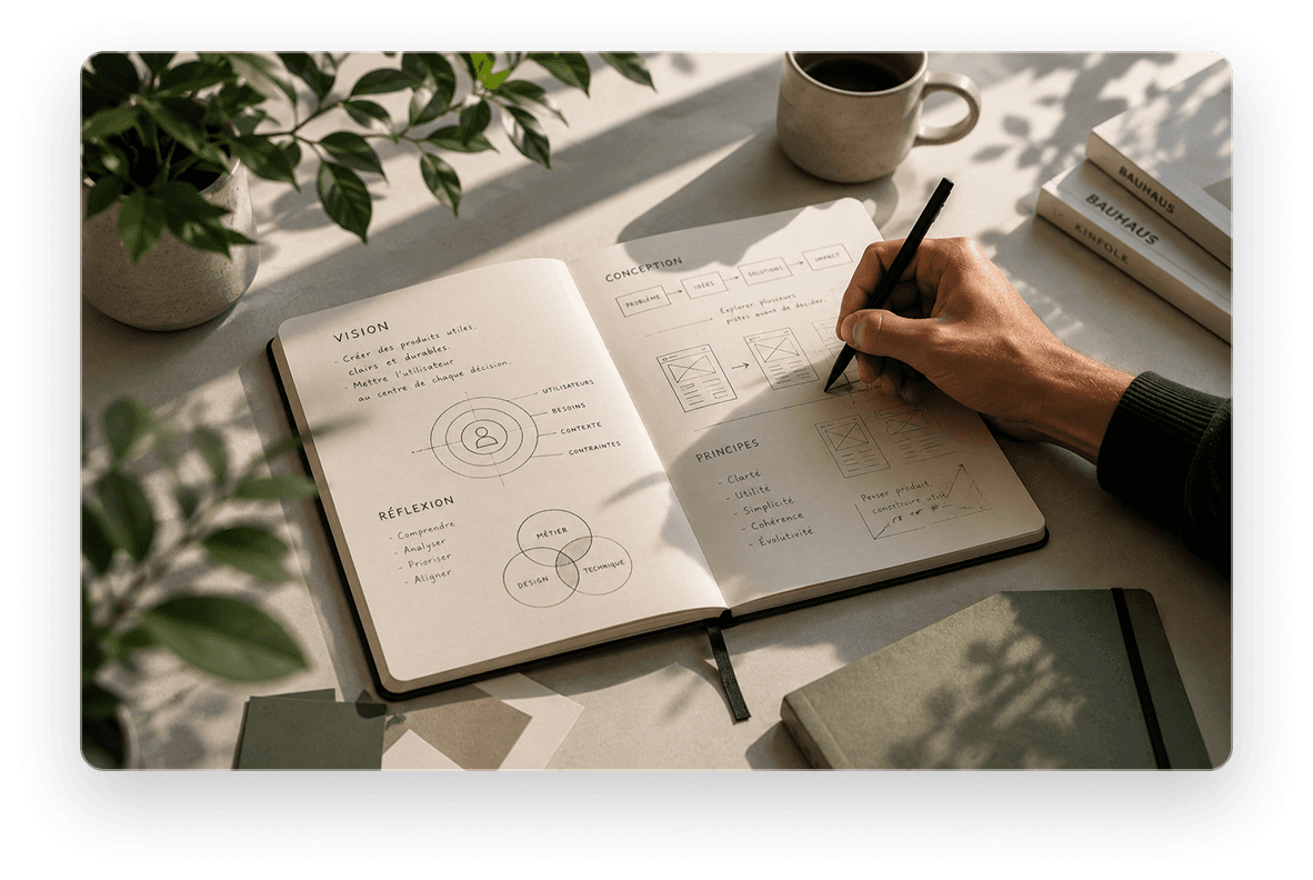 Carnet de travail et croquis de conception sur un bureau