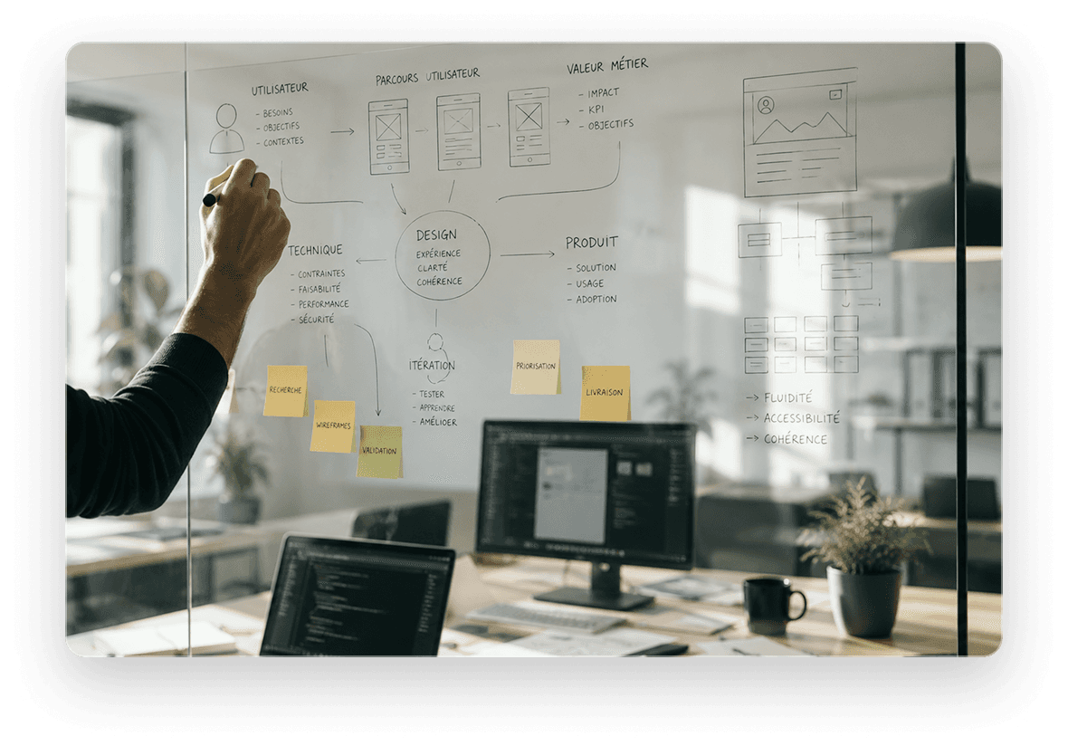 Schéma reliant les besoins métier, le design, la technique et le produit